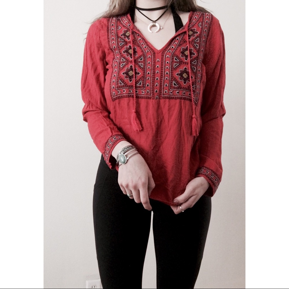 Embroidered Lucky Brand Boho Peasant Blouse Top